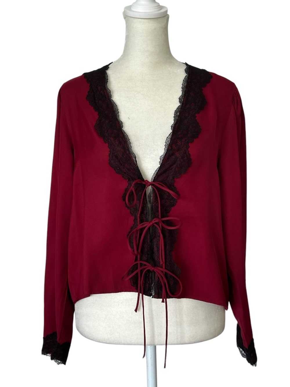 Zara Lowcut Red Satin Top 3‎ Bow Tie Front Black Lace Trim Whimsigoth Size Small